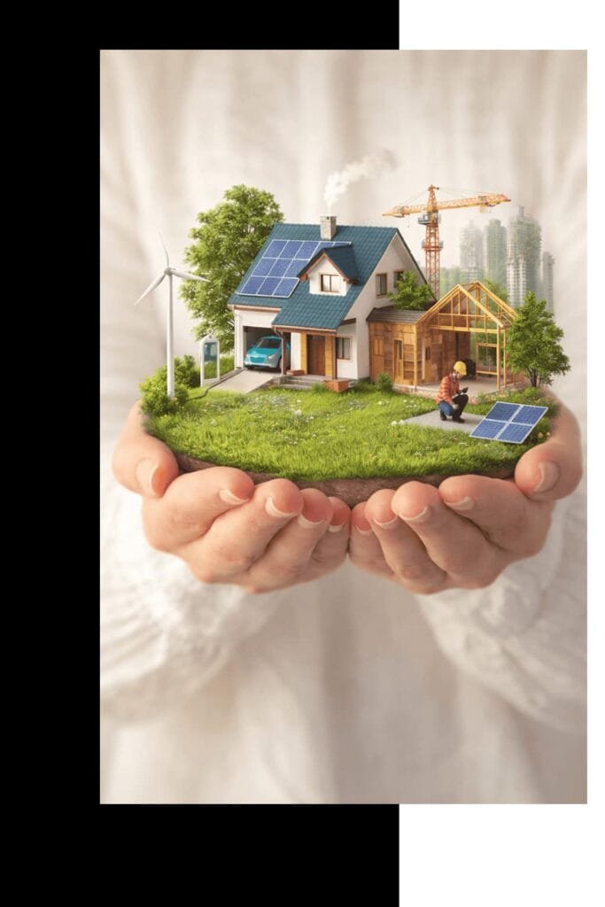 hombre sujetando casa sostenible en sus manos. La sostenibilidad en una de las prioridades en todos los procesos de construcción, reparación y reforma en montiel teixido