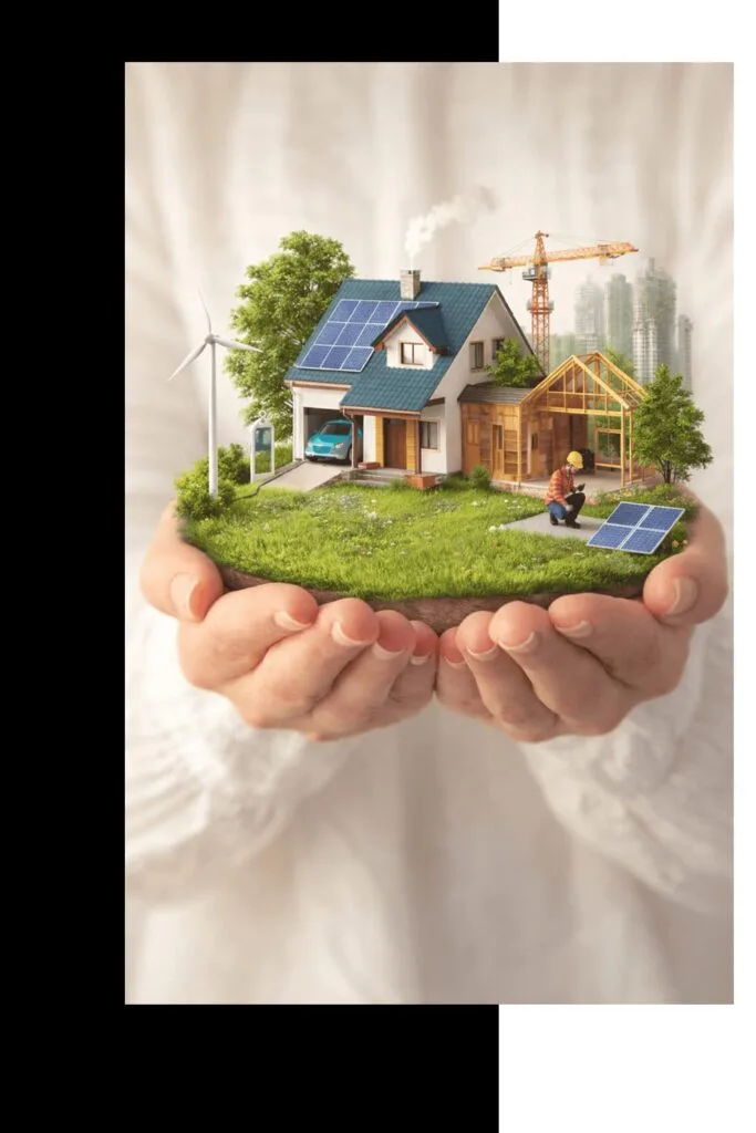 hombre sujetando casa sostenible en sus manos. La sostenibilidad en una de las prioridades en todos los procesos de construcción, reparación y reforma en montiel teixido